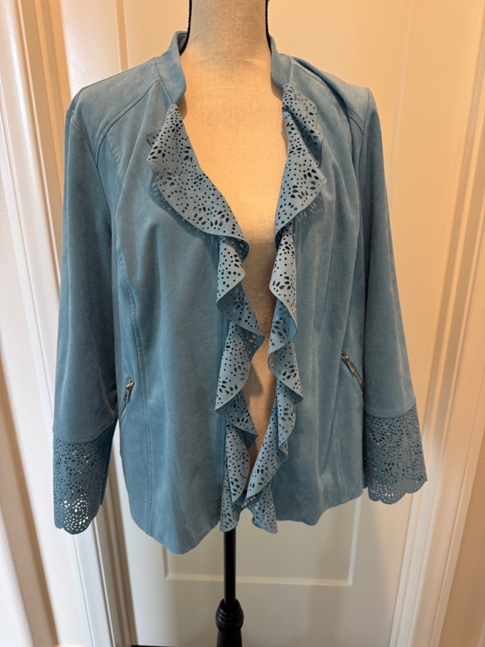 Chico's Dusty Blue Ruffled Laser-Cut Jacket